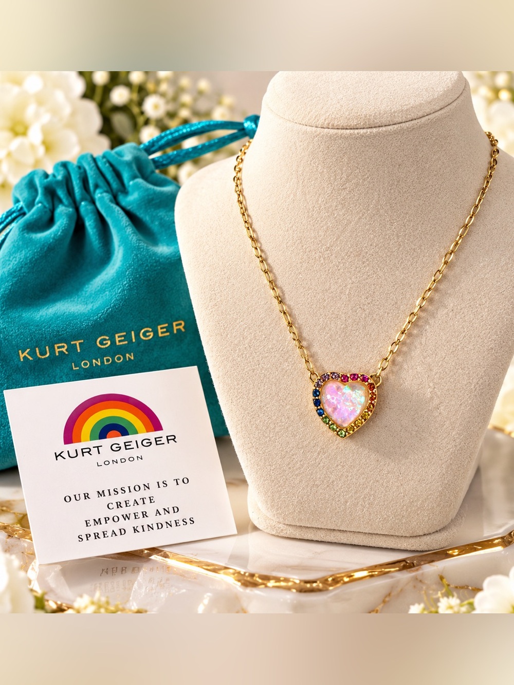 Kurt Geiger London Iridescent Heart Rainbow Pendant Necklace Gold NWT